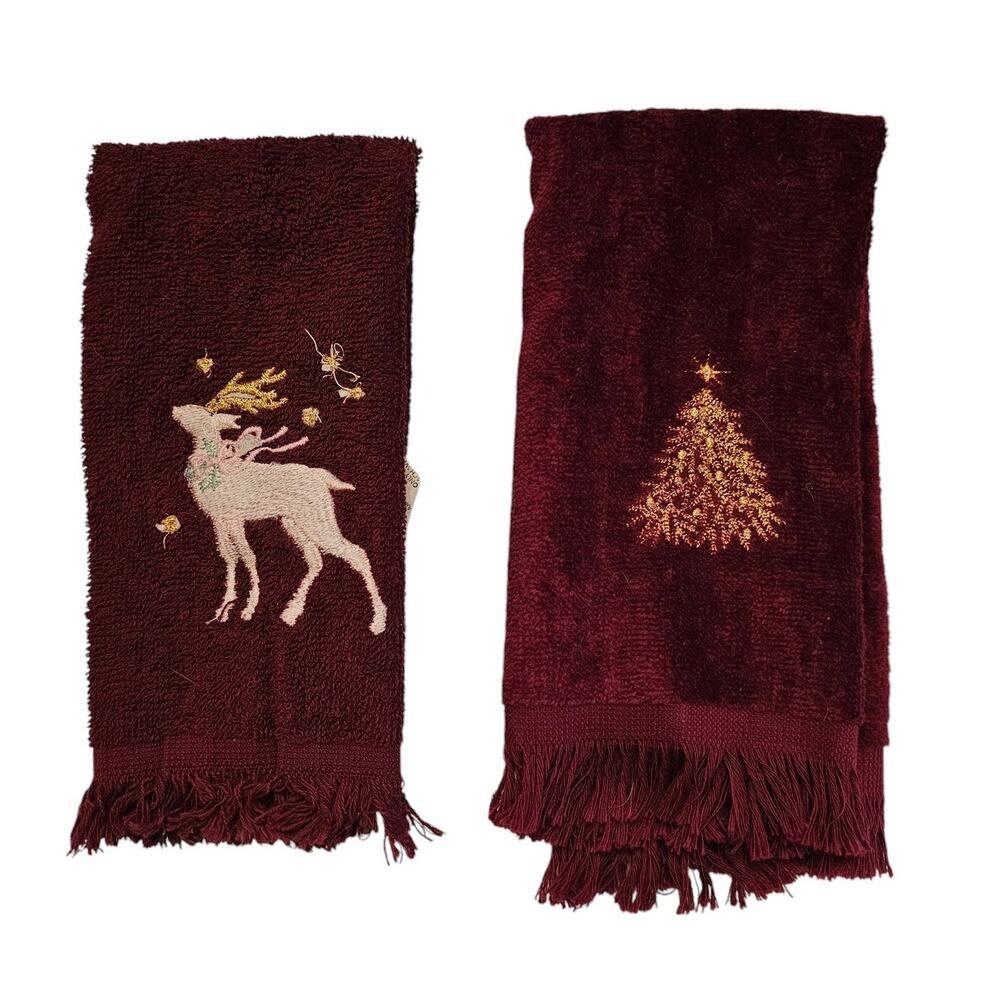 Set of 2 Vintage Saturday Knight Christmas Washcloths Burgundy Gold Deer Tree